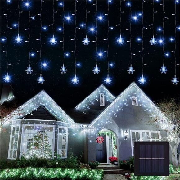 360 LED Christmas Icicle Lights Outdoor with Snowflake, 8-Mode Solar Curtain Lig